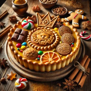 Sinterklaastaart met een goudbruin bladerdeeg gevuld met speculaasroom, gegarneerd met strooigoed, chocolademunten en pepernoten, gepresenteerd op een rustieke houten tafel met feestelijke decoraties en zacht natuurlijk licht.