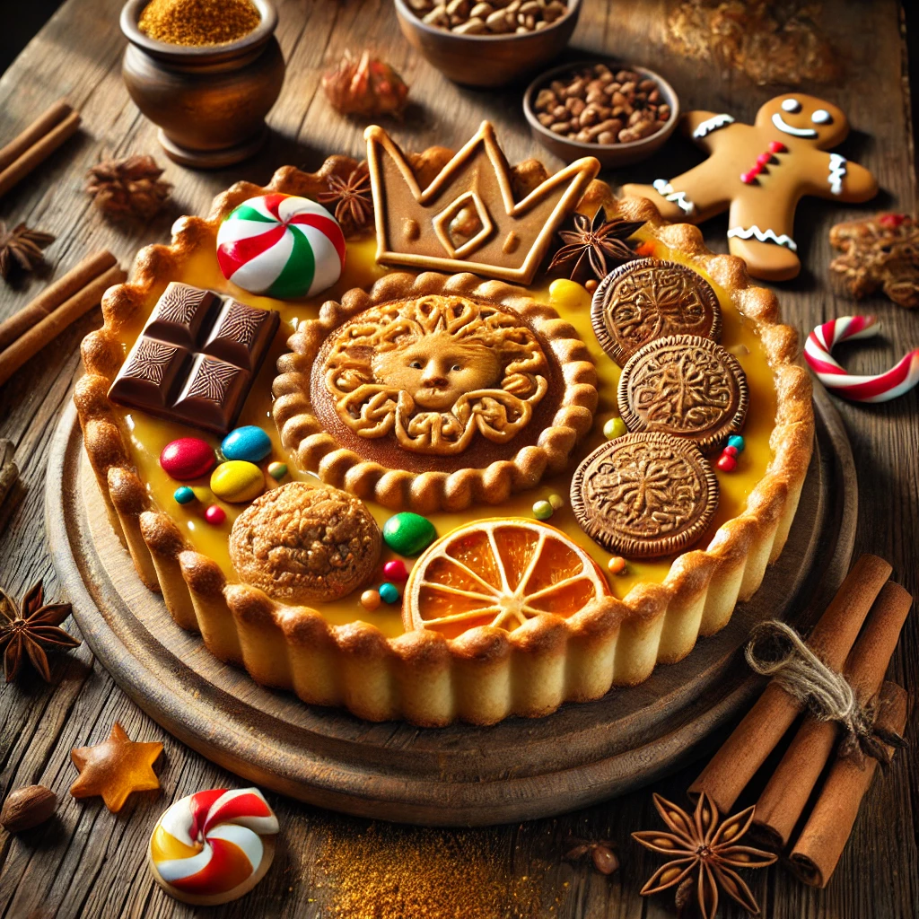 Sinterklaastaart met een goudbruin bladerdeeg gevuld met speculaasroom, gegarneerd met strooigoed, chocolademunten en pepernoten, gepresenteerd op een rustieke houten tafel met feestelijke decoraties en zacht natuurlijk licht.
