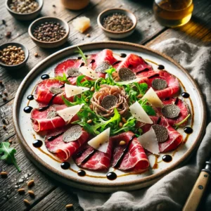 Carpaccio met dunne plakjes rundvlees, Parmezaanse kaas, pijnboompitten en rucola, besprenkeld met truffeldressing en balsamicoglazuur, geserveerd op een rustieke houten tafel.