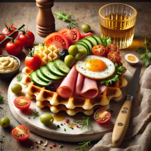 Een Snack-a-Jack rijstwafel belegd met een plakje ham, eiersalade, tomaat en vers geknipte bieslook, gepresenteerd op een wit bord op een rustieke houten tafel met een linnen servet en een glas witte wijn op de achtergrond.