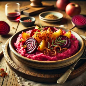 Snelle bietjesstamppot, geserveerd in een rustiek keramisch schaaltje. De stamppot heeft een levendige roze kleur, met gekookte bietjes, gekarameliseerde ui en frisse appelstukjes. Kruidnagel en laurier zorgen voor een warme, kruidige toets, terwijl knapperige spekjes de stamppot compleet maken. Sfeervol gepresenteerd op een houten tafel met natuurlijke belichting.