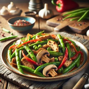Een realistische foto van groente-roerbak met kip, geserveerd op een rustiek keramieken bord op een doorleefde houten tafel. De malse kipstukjes zijn gewokt met knapperige haricots verts, sappige champignons en felrode paprika. Een smaakvolle kruidenmix geeft de ingrediënten een rijke, hartige glans. Ernaast ligt een portie luchtige witte rijst. Op de achtergrond ligt een houten snijplank met extra groenten, kip en een schaaltje kruiden, subtiel vervaagd. Zacht natuurlijk licht benadrukt de texturen en kleuren, wat zorgt voor een uitnodigende, huiselijke uitstraling.