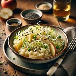 Snelle stamppot met Chinese kool, taugé en fruit, geserveerd in een rustiek keramisch schaaltje. De stamppot is licht en luchtig, gemengd met knapperige Chinese kool en taugé. Stukjes appel en peer voegen een frisse zoetheid toe, terwijl sesamzaadjes en een vleugje sojasaus zorgen voor een subtiele Aziatische twist. Sfeervol gepresenteerd op een houten tafel met natuurlijke belichting.