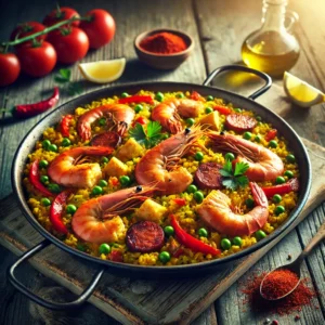 Een realistische foto van Spaanse paella met kip, garnalen en chorizo, geserveerd in een traditionele paellapan op een doorleefde houten tafel. De saffraanrijst is rijk van kleur en gemengd met malse stukjes kip, licht gegrilde garnalen en pittige plakjes chorizo. Rode paprika, erwten en verse peterselie zorgen voor extra kleur en textuur. Partjes citroen en een drizzle olijfolie maken de presentatie af. Op de achtergrond ligt een houten snijplank met extra garnalen, chorizo en een schaaltje saffraan, subtiel vervaagd. Zacht natuurlijk licht benadrukt de texturen en kleuren, wat zorgt voor een uitnodigende, authentieke uitstraling.