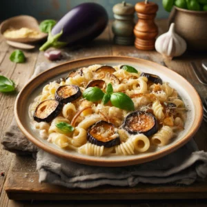 Romige pasta met aubergine en gekarameliseerde ui, geserveerd op een rustiek keramisch bord. Gegarneerd met verse basilicum en geraspte Parmezaanse kaas, sfeervol gepresenteerd op een houten tafel met zachte, natuurlijke belichting.