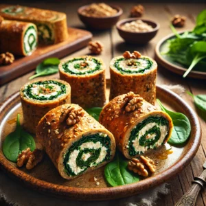 Goudbruine speltbroodjes gevuld met romige geitenkaas, verse spinazie en knapperige walnoten. Enkele broodjes zijn opengesneden om de smaakvolle vulling te laten zien. Geserveerd op een rustieke keramische schaal op een houten tafel met zachte, natuurlijke belichting.
