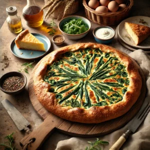 Een goudbruin gebakken Spinazie Emmentaler Galette met een romige spinazievulling en een rand bestrooid met gehakte amandelen, geserveerd op een houten plank met een linnen servet en een mes op de achtergrond.