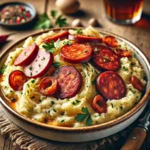Spitskoolstamppot met chorizo en rookworst, geserveerd in een rustiek keramisch schaaltje. De stamppot is romig en gemengd met zacht gesmoorde spitskool. Plakjes pittige chorizo en sappige rookworst zorgen voor een rijke, hartige smaak. Afgewerkt met verse peterselie en versgemalen zwarte peper, sfeervol gepresenteerd op een houten tafel met natuurlijke belichting.