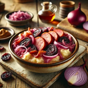 Een rustieke foto van stamppot rode ui met rookworst, geserveerd in een keramieken kom op een doorleefde houten tafel. De smeuïge aardappelpuree is gemengd met zacht gebakken rode uien, wat zorgt voor een rijke, zoete smaak. Knapperige spekjes en stukjes gewelde pruimen voegen diepte en textuur toe. Een drizzle gembersiroop maakt de smaak compleet. Plakjes Gelderse rookworst liggen erbovenop, licht gebruind. Op de achtergrond ligt een houten snijplank met extra rode uien, pruimen en een schaaltje mosterd, subtiel vervaagd. Zacht natuurlijk licht zorgt voor een warme en uitnodigende sfeer.