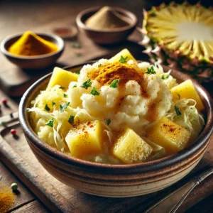 Een realistische foto van stamppot witte kool met kerrie en ananas, geserveerd in een keramieken kom op een doorleefde houten tafel. De smeuïge aardappelpuree is gemengd met fijngesneden witte kool, wat zorgt voor een lichte crunch. Een warme kerriekruiding geeft het gerecht diepte en kleur, terwijl zoete ananasstukjes een frisse, sappige tegenhanger bieden. Een snufje verse kruiden maakt de presentatie compleet. Op de achtergrond ligt een houten snijplank met extra witte kool, ananas en kerriepoeder, subtiel vervaagd. Zacht natuurlijk licht benadrukt de texturen en kleuren, wat zorgt voor een warme, huiselijke sfeer.