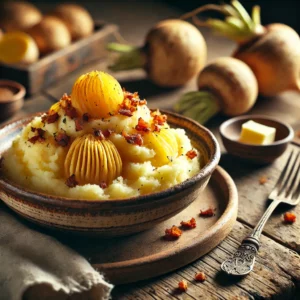 Een rustieke foto van stamppot koolraap, geserveerd in een keramieken kom op een doorleefde houten tafel. De smeuïge aardappelpuree is gemengd met zachte, goudgele koolraap, wat zorgt voor een romige en lichtzoete textuur. Knapperige spekjes of geroosterde noten geven een extra bite. Een drizzle gesmolten boter en een snufje versgemalen zwarte peper maken het gerecht af. Op de achtergrond ligt een houten snijplank met extra koolraapschijfjes en een schaaltje boter, subtiel vervaagd. Zacht natuurlijk licht zorgt voor een warme en uitnodigende sfeer.