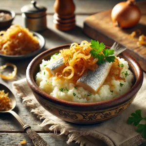 Een realistische foto van stamppot met stokvis, rijst en gekarameliseerde uien, geserveerd in een keramieken kom op een doorleefde houten tafel. De smeuïge aardappelpuree is gemengd met zachte vlokken stokvis, wat zorgt voor een diepe, hartige smaak. Fluffy witte rijst is door de stamppot gemengd voor extra textuur. Goudbruine gekarameliseerde uien zijn royaal over het gerecht verdeeld en geven een zoete, rijke smaak. Een snufje verse peterselie voegt een frisse touch toe. Op de achtergrond ligt een houten snijplank met extra stokvis, rijst en uien, subtiel vervaagd. Zacht natuurlijk licht benadrukt de texturen en kleuren, wat zorgt voor een warme, huiselijke sfeer.