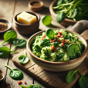 Een rustieke foto van stamppot rauwe postelein, geserveerd in een keramieken kom op een doorleefde houten tafel. De smeuïge aardappelpuree is gemengd met verse, groene posteleinbladeren, wat zorgt voor een lichte en fris-zure textuur. Knapperige spekjes of geroosterde zaden geven een extra bite. Een drizzle gesmolten boter en een snufje versgemalen zwarte peper maken het gerecht af. Op de achtergrond ligt een houten snijplank met extra postelein en een schaaltje boter, subtiel vervaagd. Zacht natuurlijk licht zorgt voor een warme en uitnodigende sfeer.