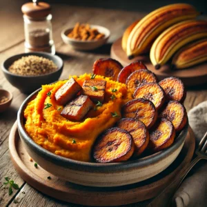 Een realistische foto van stamppot van zoete aardappel met seitan en gebakken banaan, geserveerd in een keramieken kom op een doorleefde houten tafel. De smeuïge zoete aardappelpuree vormt een levendige oranje basis, aangevuld met malse, goudbruin gebakken stukjes seitan voor een hartige tegenhanger. Knapperige, goudgele plakjes gebakken banaan voegen een natuurlijke zoetheid toe. Een vleugje verse kruiden maakt de presentatie compleet. Op de achtergrond ligt een houten snijplank met extra seitan en banaan, subtiel vervaagd. Zacht natuurlijk licht benadrukt de texturen en kleuren, wat zorgt voor een warme, huiselijke sfeer.