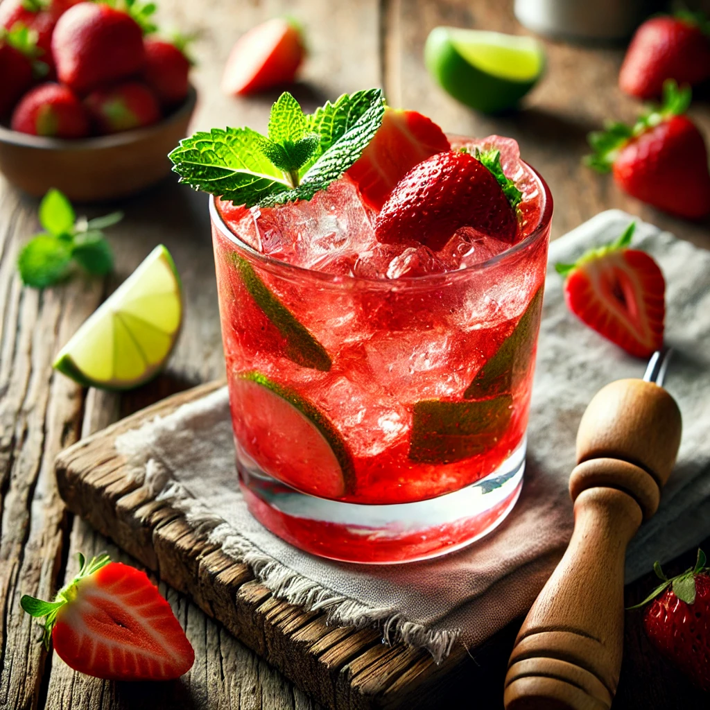 erfrissende Strawberry Caipiroska, geserveerd in een tumbler op een rustieke houten tafel, met crushed ice, verse aardbeien, limoenschijfjes en een muntgarnering.