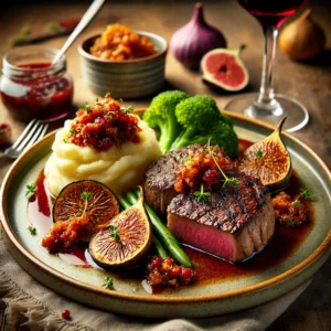 Struisvogelbiefstuk, medium-rare gebakken, geserveerd met een rijke appel-vijgenchutney, rode wijnjus, aardappelpuree en broccoli, op een rustieke tafel met decoratie van gedroogde vijgen, appels en een glas Malbec wijn.
