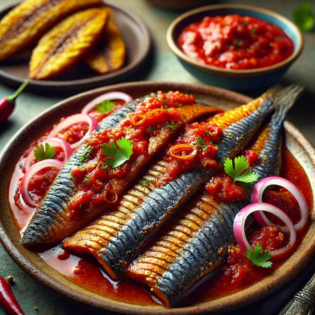 Een realistische foto van Surinaamse hete bokkingfilets geserveerd met een pittige tomatensaus op een rustiek keramieken bord. De graatloze visfilets hebben een diep goudbruine kleur met een licht krokante buitenkant en een zachte, vlokkige binnenkant. De kruidige tomatensaus, verrijkt met chili en specerijen, wordt royaal over de vis geschept. Dun gesneden rode uien en verse groene kruiden zorgen voor een kleurrijke garnering. Op de achtergrond zijn gebakken bakbananen en een schaaltje extra saus subtiel vervaagd voor een warme, uitnodigende sfeer.