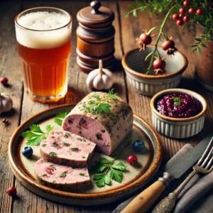Een rustieke houten tafel met een prachtig gepresenteerde terrine van wild konijn, geserveerd met een kommetje vossebessensaus en een glas witbier. De terrine is in plakjes gesneden en gegarneerd met verse kruiden op een vintage keramisch bord.