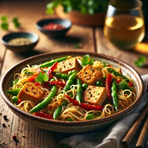 Thaise noedels met knapperige tofu en verse groenten, geserveerd in een rustiek keramisch schaaltje. Gegarneerd met koriander en sesamzaadjes, sfeervol gepresenteerd op een houten tafel met natuurlijke belichting.