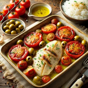 Tilapiafilet gebakken in de oven met gegrilde tomaten, olijven en ansjovis, geserveerd naast een portie witte rijst, gepresenteerd in een ovenschaal op een rustieke houten tafel in warm natuurlijk licht.