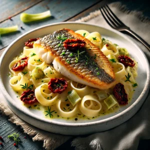 Geroosterde tilapiafilet, een duidelijk stuk filet, geserveerd op een bedje van romige tagliatelle, gegarneerd met zongedroogde tomaten en verse kruiden, met gestoofde prei in witte wijnsaus, gepresenteerd op een wit bord op een donker rustieke houten tafel in zacht natuurlijk licht.