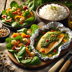 Tilapiapakketjes met pesto en groenten, geserveerd naast een portie witte rijst en een frisse salade met geroosterde pijnboompitten, gepresenteerd op een rustieke houten tafel in zacht natuurlijk licht.