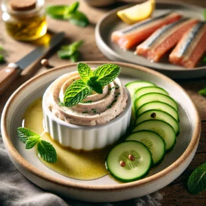 Elegant gepresenteerde tilapiapaté met gerookte forel, gegarneerd met muntblaadjes, geserveerd naast dunne komkommerplakken met citroensap, op een rustieke houten tafel in zacht natuurlijk licht.