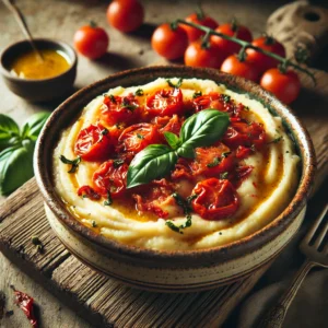 Een rustieke foto van tomaten-basilicumstamppot met sjalottensaus, geserveerd in een keramieken kom op een doorleefde houten tafel. De smeuïge aardappelpuree is gemengd met gebakken tomaten en verse basilicum, wat zorgt voor een levendige en kruidige smaak. Geroosterde kerstomaatjes zijn door de stamppot geschept voor een zoete toets. Een gouden sjalottensaus is eroverheen gedruppeld, wat zorgt voor extra diepte en rijkdom. Op de achtergrond ligt een houten snijplank met extra basilicum en tomaten, subtiel vervaagd. Zacht natuurlijk licht zorgt voor een warme en uitnodigende sfeer.