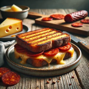 Een realistische foto van een tosti met kaas en chorizo, geserveerd op een rustiek keramieken bord op een doorleefde houten tafel. Het krokante, goudbruine brood is perfect geroosterd, met smeuïge, gesmolten kaas die langs de randen uitloopt. Pittige plakjes chorizo voegen een rijke, rokerige smaak toe. Een lichte bestuiving met verse kruiden maakt de presentatie compleet. Op de achtergrond ligt een houten snijplank met extra chorizo en kaas, subtiel vervaagd. Zacht natuurlijk licht benadrukt de texturen en kleuren, wat zorgt voor een warme, huiselijke sfeer.