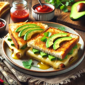 Tosti met kaas en avocado, geserveerd op een rustieke houten tafel, krokant gegrild en vergezeld van een pittige ketchup- of chilisaus.