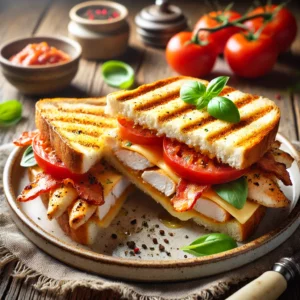 Tosti met kipfilet, bacon en tomaat, geserveerd op een rustieke houten tafel, krokant gegrild en gegarneerd met verse basilicum.