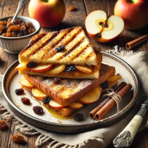Tosti met appel, rozijnen en kaneel, geserveerd op een rustieke houten tafel, licht bestrooid met poedersuiker en honing.