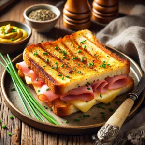 Tosti met ham en bieslook, geserveerd op een rustieke houten tafel, krokant gegrild en gegarneerd met verse bieslook.