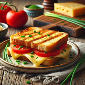 Een realistische foto van een tosti met kaas, tomaat en bieslook, geserveerd op een rustiek keramieken bord op een doorleefde houten tafel. Het goudbruine, krokante brood is perfect geroosterd, met smeuïge, gesmolten kaas die langs de randen uitloopt. Sappige plakjes tomaat zorgen voor een frisse smaak, terwijl fijngesneden bieslook een subtiele, ui-achtige toets toevoegt. Op de achtergrond ligt een houten snijplank met extra kaas, tomaat en verse bieslook, subtiel vervaagd. Zacht natuurlijk licht benadrukt de texturen en kleuren, wat zorgt voor een warme, huiselijke sfeer.