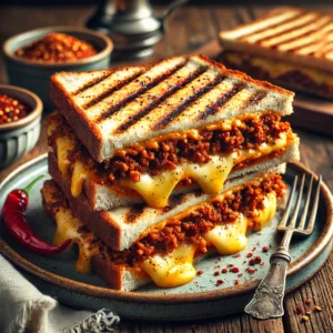 Tosti met pittig gekruid gehakt en kaas, geserveerd op een rustieke houten tafel, met krokante goudbruine korst en een schaaltje dipsaus.