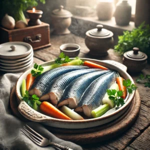 Gekookte blauwe palingfilets, geserveerd op een witte schaal met gekookte groenten en verse peterselie op een rustieke houten tafel.
