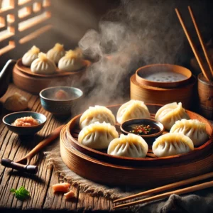 Een rustieke houten tafel met vers gestoomde traditionele Chinese Jiaozi dumplings gevuld met varkensvlees en garnalen. De dumplings liggen op een houten schaal met een kommetje dipsaus ernaast. Stoom stijgt op, terwijl eetstokjes rusten op de rand, wat een authentieke en gezellige sfeer creëert.
