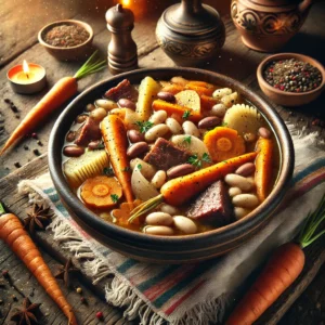Leidse hutspot II, een stevige stoofschotel van witte bonen, winterwortelen, pastinaken, en uien, gekookt met mager spek, klapstuk en varkenspootjes. Het gerecht wordt losjes door elkaar gehutseld en op smaak gebracht met zout en versgemalen peper. Een historische en smaakvolle maaltijd.