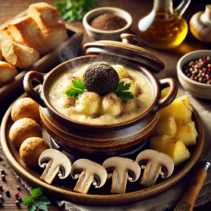 Romige truffelkaasfondue met een rijke, dampende kaassaus, geserveerd in een rustieke keramische fonduepot. Ernaast liggen knapperig brood, gebakken paddenstoelen en geroosterde aardappeltjes, gegarneerd met verse peterselie, op een houten tafel met warme, natuurlijke belichting.