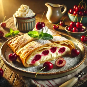 Vanille-kersen-mascarponestrudel met een goudbruine, bladerdeegkorst, gevuld met romige mascarpone en sappige kersen, bestrooid met poedersuiker en geserveerd met slagroom, verse kersen en muntblaadjes.