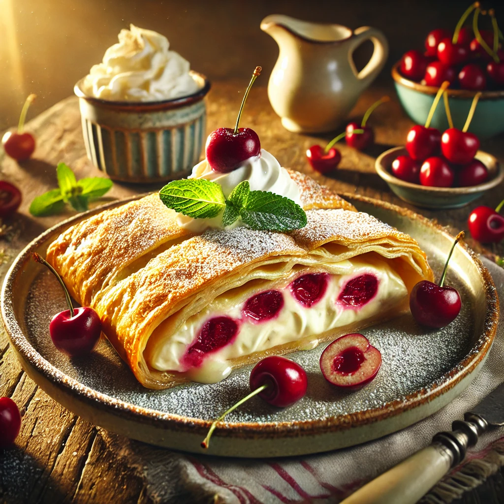 Vanille-kersen-mascarponestrudel met een goudbruine, bladerdeegkorst, gevuld met romige mascarpone en sappige kersen, bestrooid met poedersuiker en geserveerd met slagroom, verse kersen en muntblaadjes.