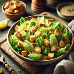 Vegan Caesar salade met krokante croutons, romaine sla en plantaardige kaas, geserveerd in een keramische kom met een schijfje citroen op een rustieke houten tafel.