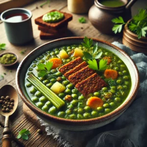 Een realistische foto van vegan erwtensoep met kruiden en plantaardige reepjes, geserveerd in een rustieke keramieken kom. De dikke, groene soep bevat zichtbare stukjes wortel, bleekselderij en aardappel. Knapperige, goudbruine plantaardige reepjes liggen bovenop, gegarneerd met verse peterselie en tijm. Naast de kom ligt een sneetje donker roggebrood met een plantaardige spread. Op de achtergrond zijn een houten lepel en een dampende kop thee subtiel vervaagd, wat zorgt voor een warme en gezellige wintersfeer.
