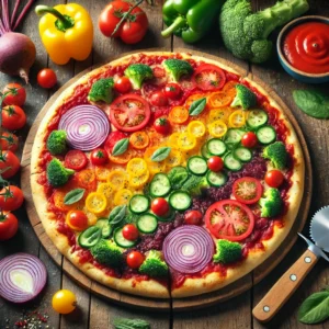 Kleurrijke vegan regenboogpizza met tomatensaus, gesmolten vegan kaas, en strepen van rode ui, paprika's in rood, geel en groen, tomaten, rode biet en broccoli, geserveerd op een rustieke tafel met decoratieve verse groenten.