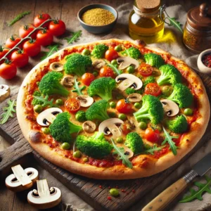 Vegan pizza met broccoli, shiitake en bonensaus