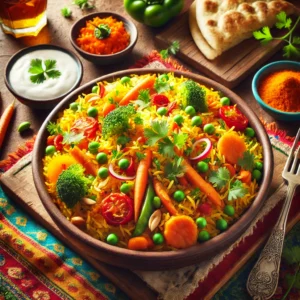 Een levendige en kleurrijke presentatie van vegetarische biryani met saffraan en groenten, geserveerd in een rustieke kom. De biryani bevat geurige saffraanrijst gemengd met kleurrijke groenten zoals wortelen, doperwten en paprika, gegarneerd met verse koriander en geroosterde noten. De setting bevat een kleurrijk tafelkleed, een klein schaaltje yoghurtsaus, een stuk naanbrood en een glas ijsthee, verlicht door helder natuurlijk licht om de aromatische en uitnodigende uitstraling te benadrukken.