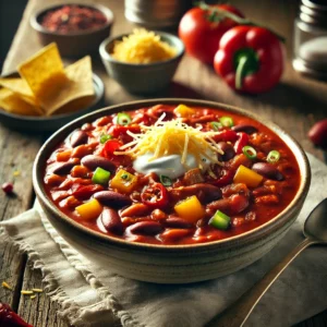 Chili sin carne geserveerd in een diepe kom met kidneybonen, bruine bonen en tomatensaus, gegarneerd met crème fraîche, geraspte kaas en knapperige tortillachips.