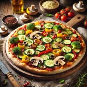 Een kleurrijke vegetarische pizza met champignons, courgette, paprika en ui, op een goudbruine korst, geserveerd op een houten plank met een glas rode wijn en een linnen servet op de achtergrond