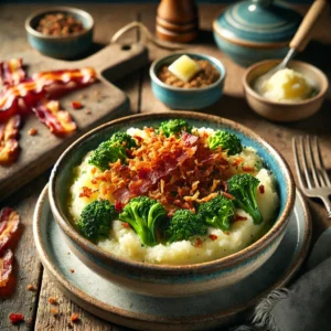 Een realistische foto van veldslastamppot met knapperige spekjes en gegrilde Gelderse worst, geserveerd in een keramieken kom op een doorleefde houten tafel. De smeuïge aardappelpuree is gemengd met verse veldsla, wat zorgt voor een levendige groene kleur. Krokant gebakken spekjes geven een knapperige bite. Plakjes gegrilde Gelderse worst, licht geschroeid, liggen ernaast. Een drizzle gesmolten boter maakt het gerecht extra romig. Op de achtergrond ligt een houten snijplank met extra veldsla, spek en Gelderse worst, subtiel vervaagd. Zacht natuurlijk licht benadrukt de texturen en kleuren, wat zorgt voor een warme, huiselijke sfeer.