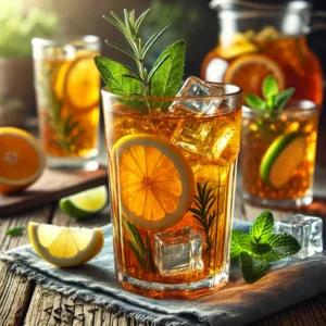 Verfrissende kruidenijsthee met citrus, geserveerd in een hoog glas op een rustieke houten tafel, gegarneerd met munt, rozemarijn en schijfjes citroen, limoen en sinaasappel.